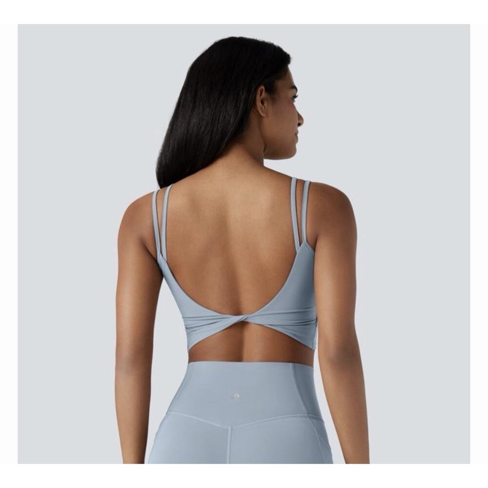 Halara Women's Blue Cropped Tank Top Square Neck Strappy Open Back Stretch Yoga - Picture 2 of 2